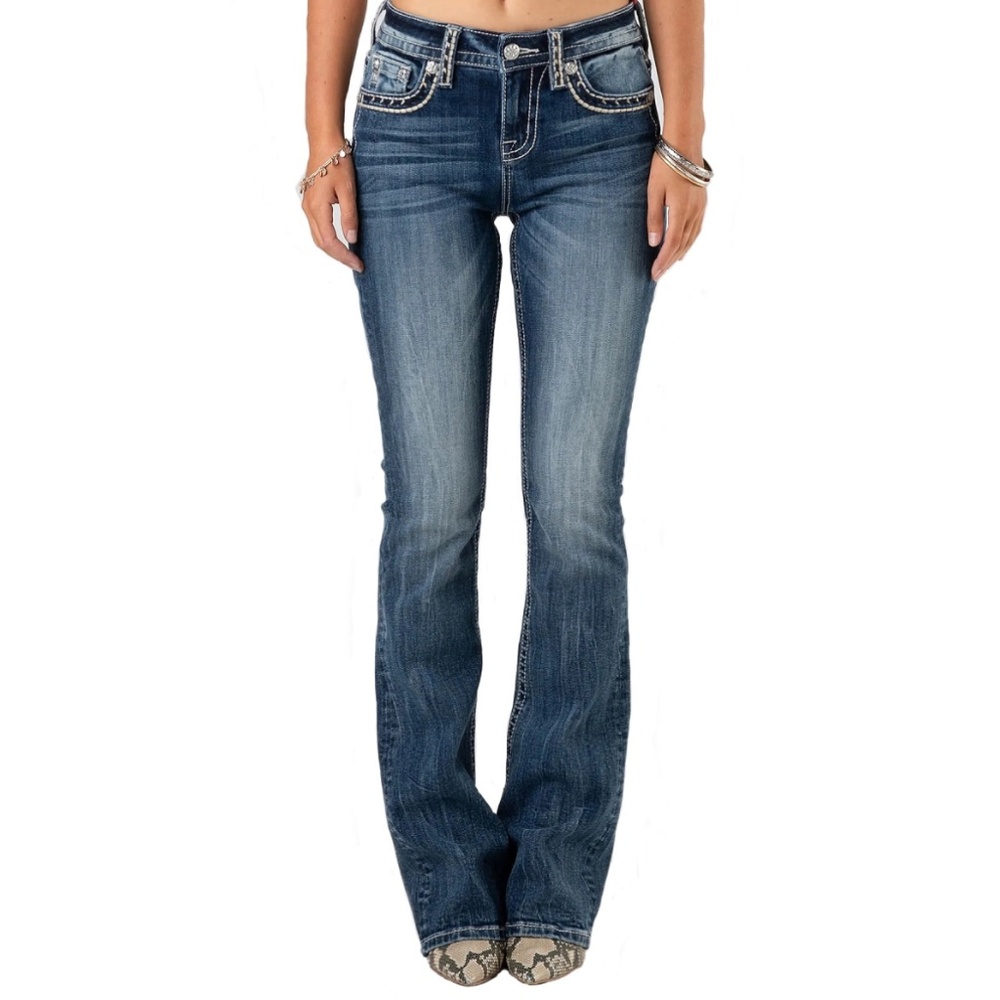 Miss Me Rhinestone Embellished Cross Design Bootcut Jeans in Dark Wash